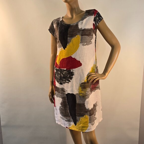 Terzo Millennio Italy Abstract Print Linen Shift Dress Size M Cap Sleeve Pockets - Picture 5 of 13
